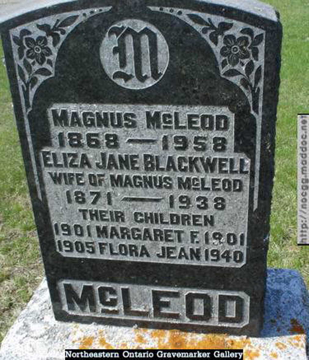 Photo of headstones/Magnus McLeod died 1958 MI Cobden Cemetery Ontario